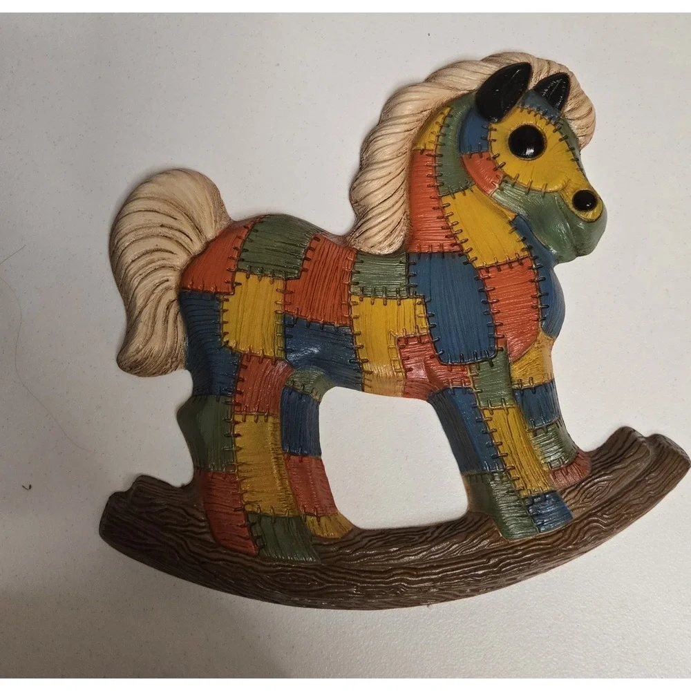 Vintage Patchwork Bear‎ & Rocking Horse Wall Plaques 80s Nursery Decor SetFoam